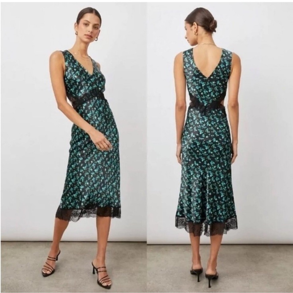 Rails Dress in Black and Green Pandora Floral Satin Crepe with Lace Midi Small